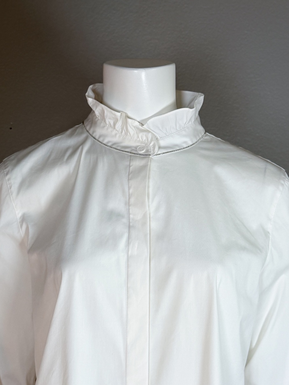Lafayette 148 White Ruffle Collar High Neck Silver Trim Button Down Blouse L - Picture 12 of 14
